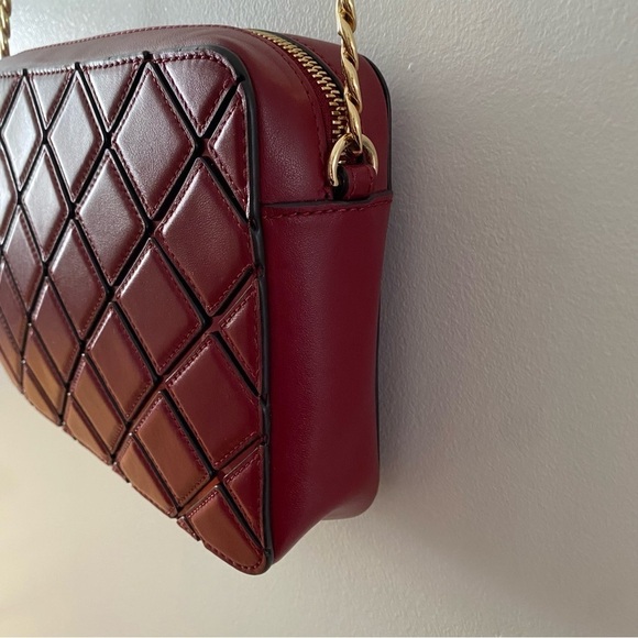 MICHAEL KORS Wine Red Jet Set East West Travel Grid Crossbody Bag Chain Strap - Picture 4 of 13